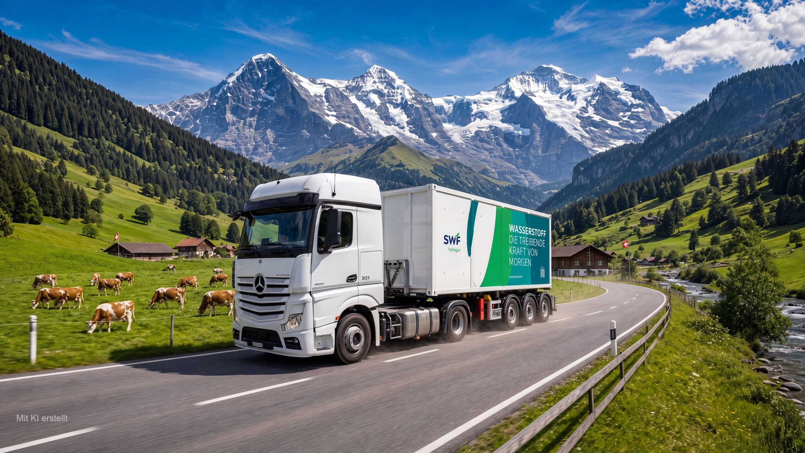 SWF Wasserstoff-Lkw auf Schweizer Alpenstraße mit Bergpanorama und Kuhweide, KI-generiert